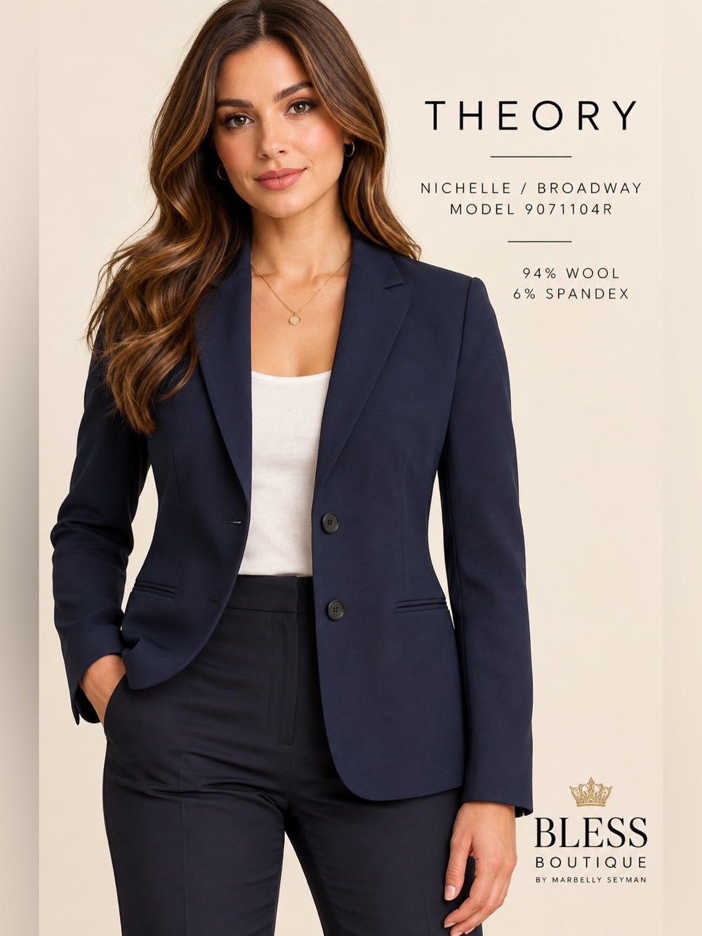 Theory Nichelle Broadway Navy Wool Tailored Blazer Jacket 94% Wool Size 10